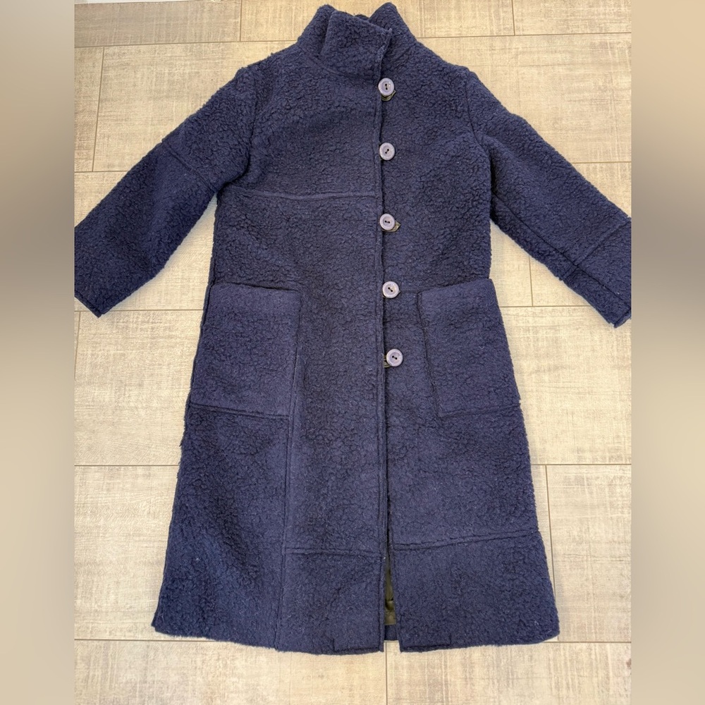 NWT Women’s Long Heavyweight Teddy Wool Navy Winter Coat Overcoat Large